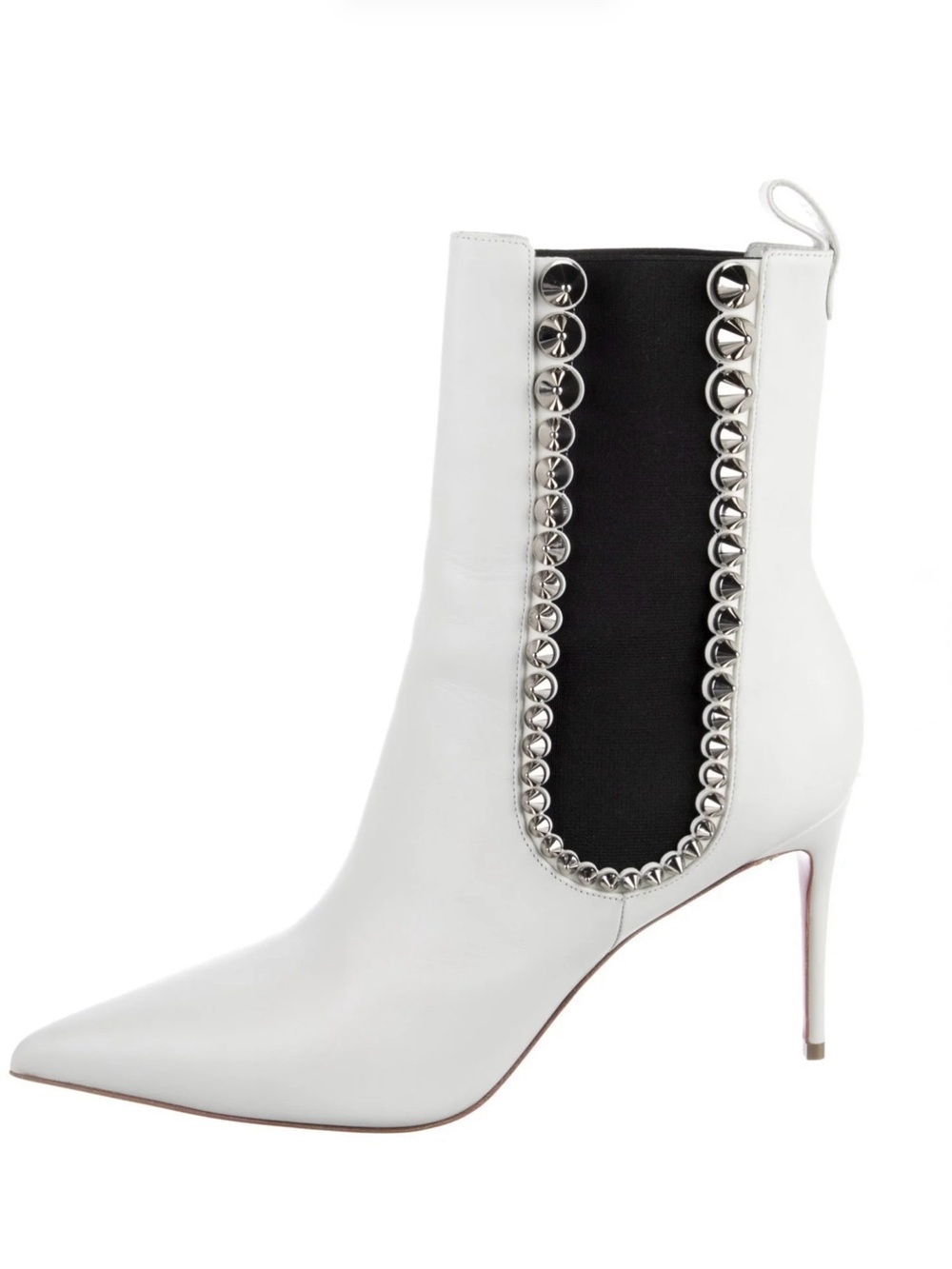 White Pointed-Toe Stiletto Ankle Boot with Silver Stud Trim EUR SIZE 40.5